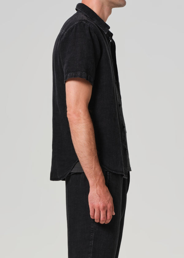 Gold Sign Cairo Short Sleeve Linen Shirt In Washed Black