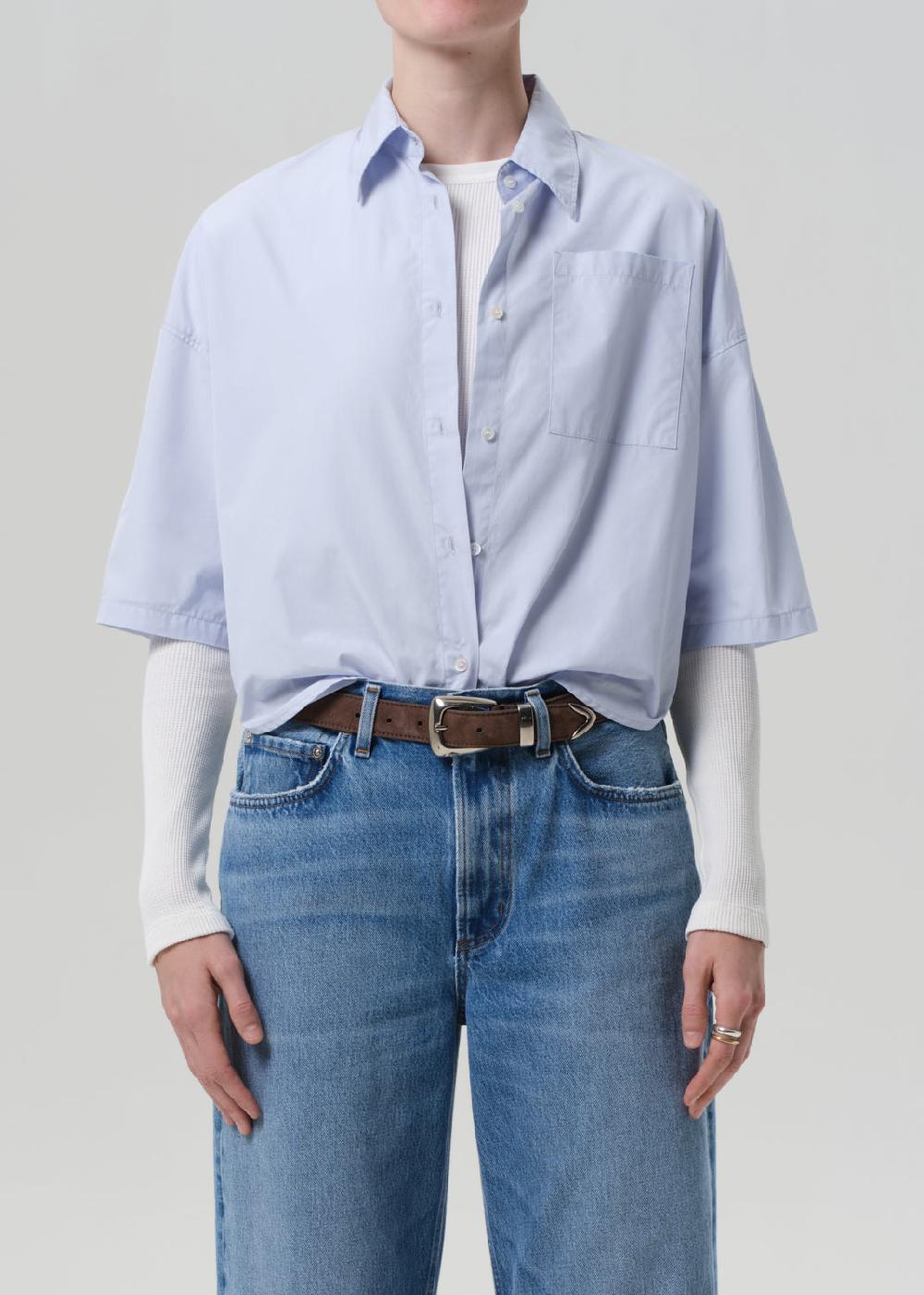 gold sign Frances Cropped Cape Button Up In Baby Blue