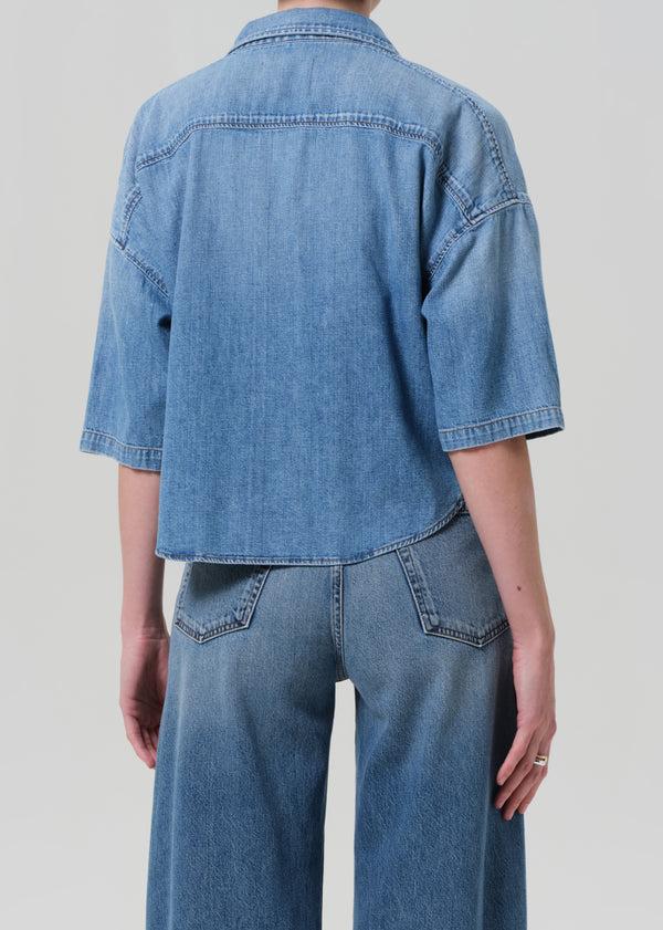 Gold Sign Frances Cropped Cape Button Up In Skyland