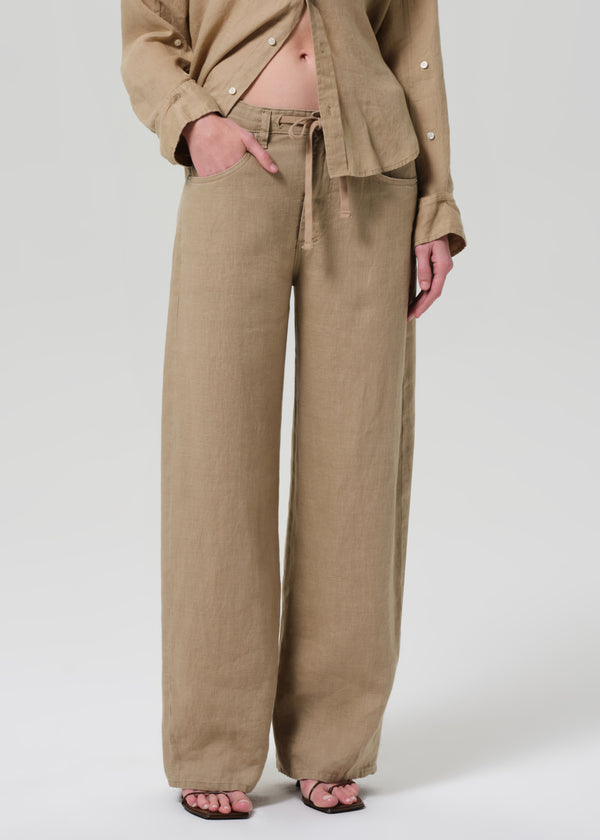 Gold Sign Brynn Drawstring Linen Trouser In Gobi