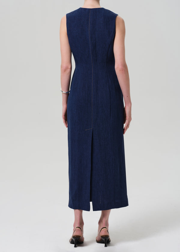 Gold Sign Button Dress Linen In Denim