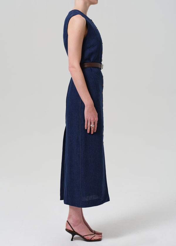 Gold Sign Button Dress Linen In Denim