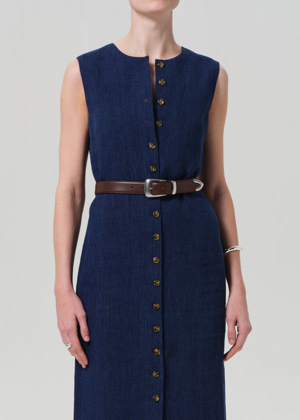 Gold Sign Button Dress Linen In Denim