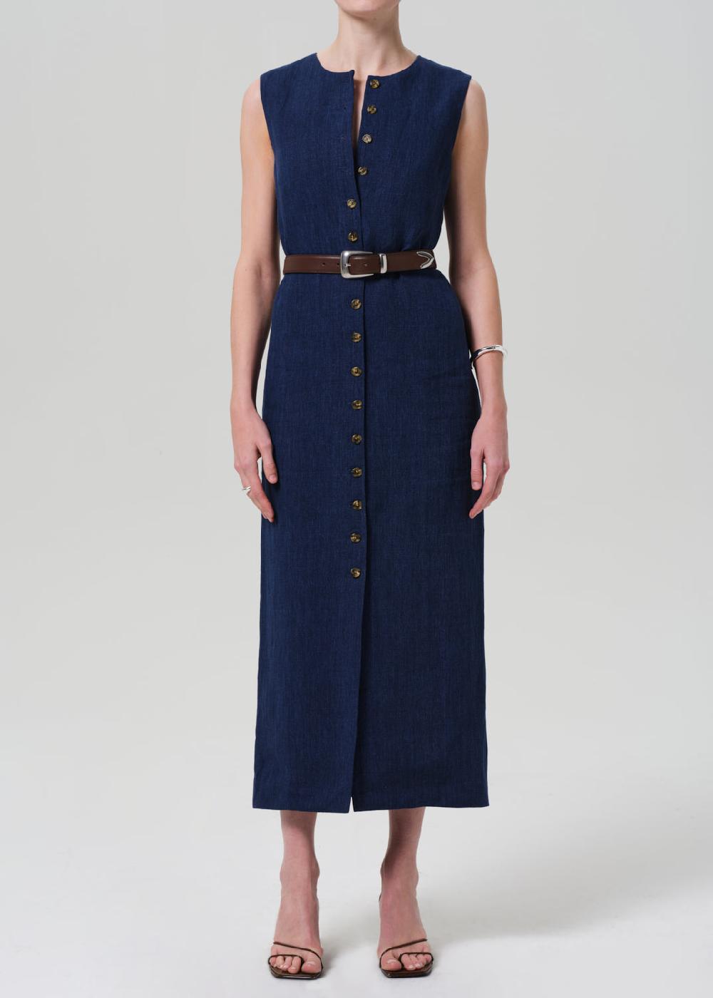 gold sign Button Dress Linen In Denim