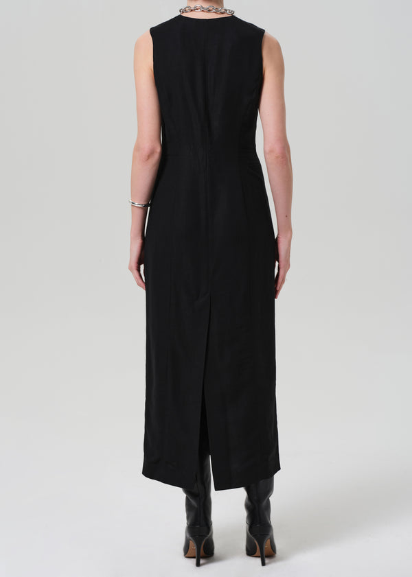 Gold Sign Button Dress Linen Twill In Black