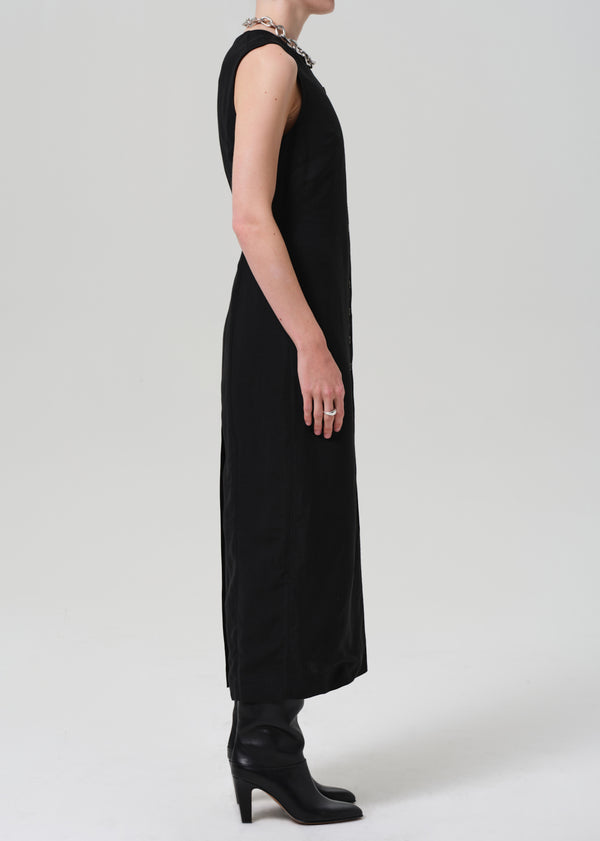 Gold Sign Button Dress Linen Twill In Black