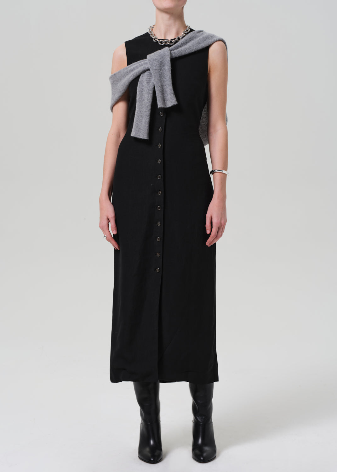 gold sign Button Dress Linen Twill In Black