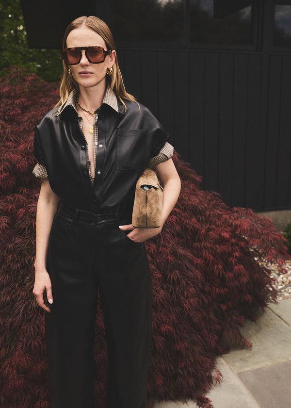 Gold Sign Frances Cropped Cape Button Up In Black