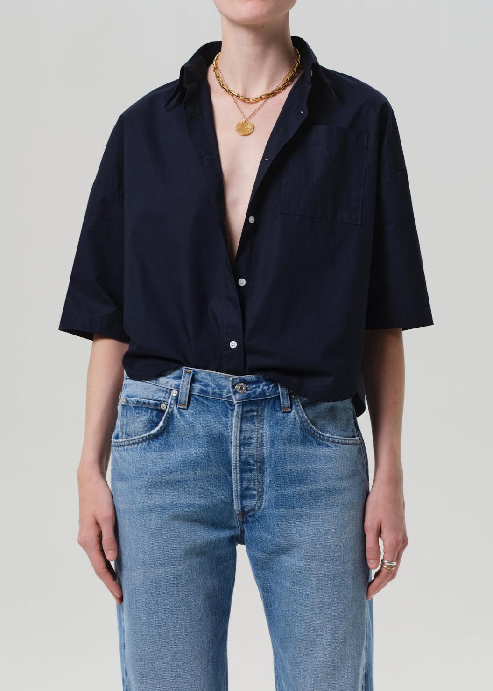 gold sign Frances Cropped Cape Button Up In Navy