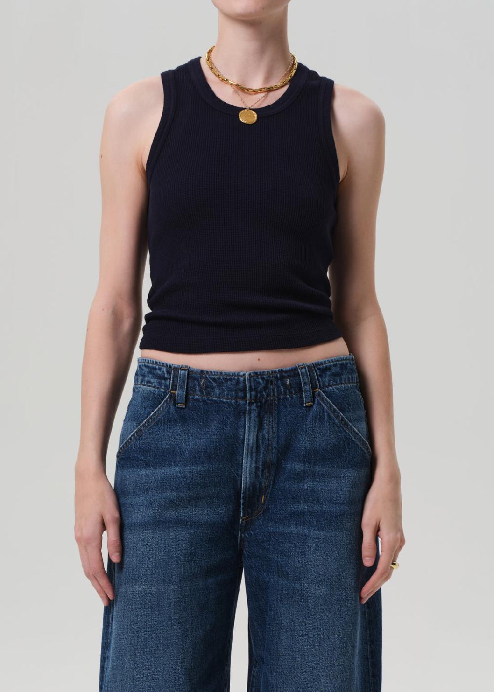 gold sign Inez Waffle Tank In Navy