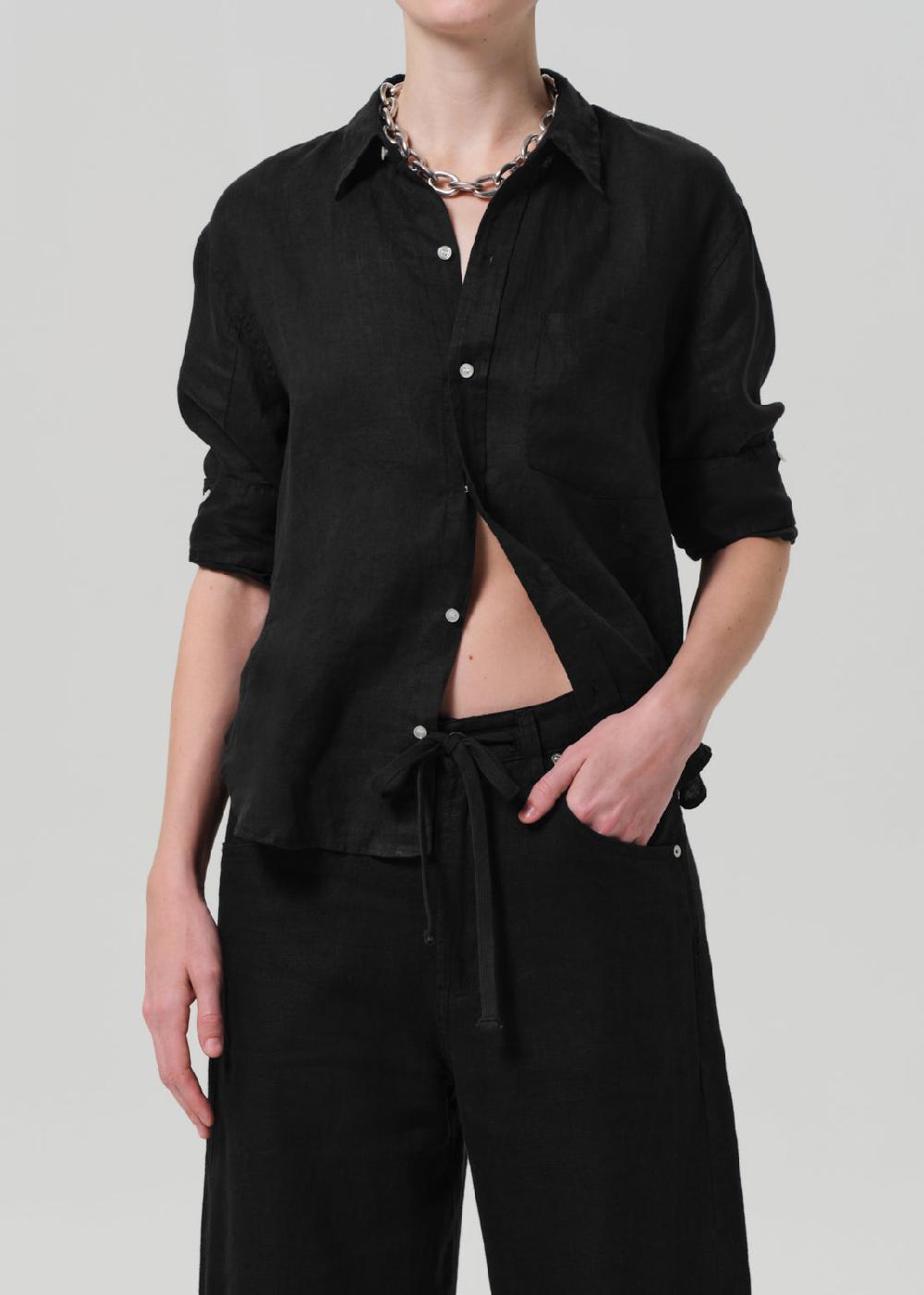 gold sign Kayla Shrunken Linen Shirt In Black