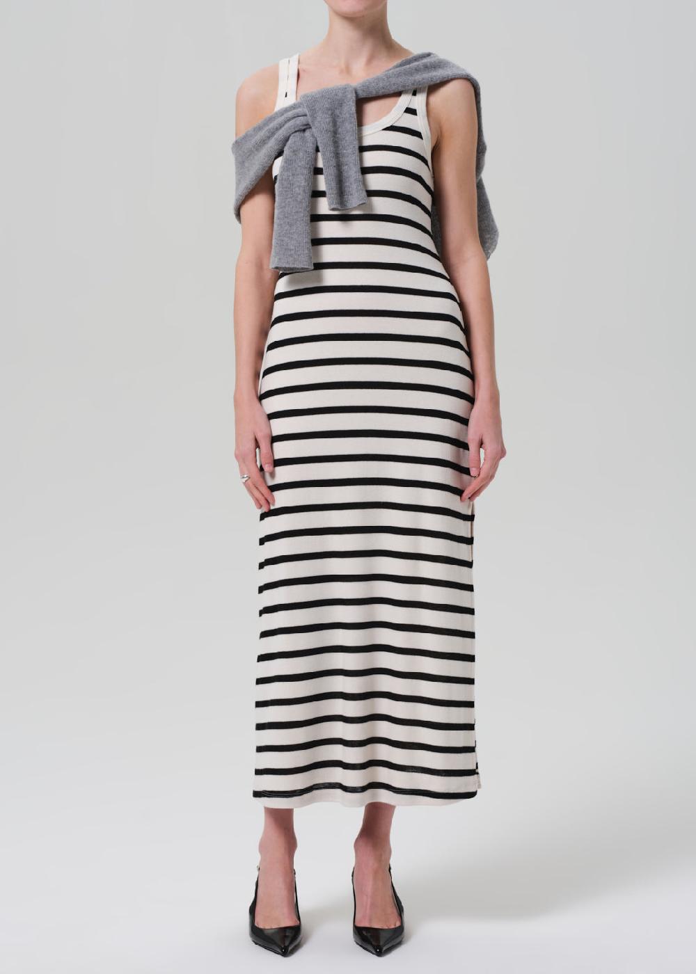 gold sign Long Faye Tank Dress In Midnight Stripe