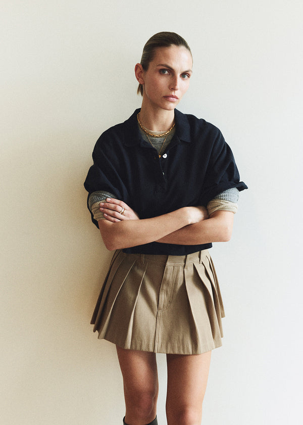 Gold Sign Pleated Mini Skirt In Khaki