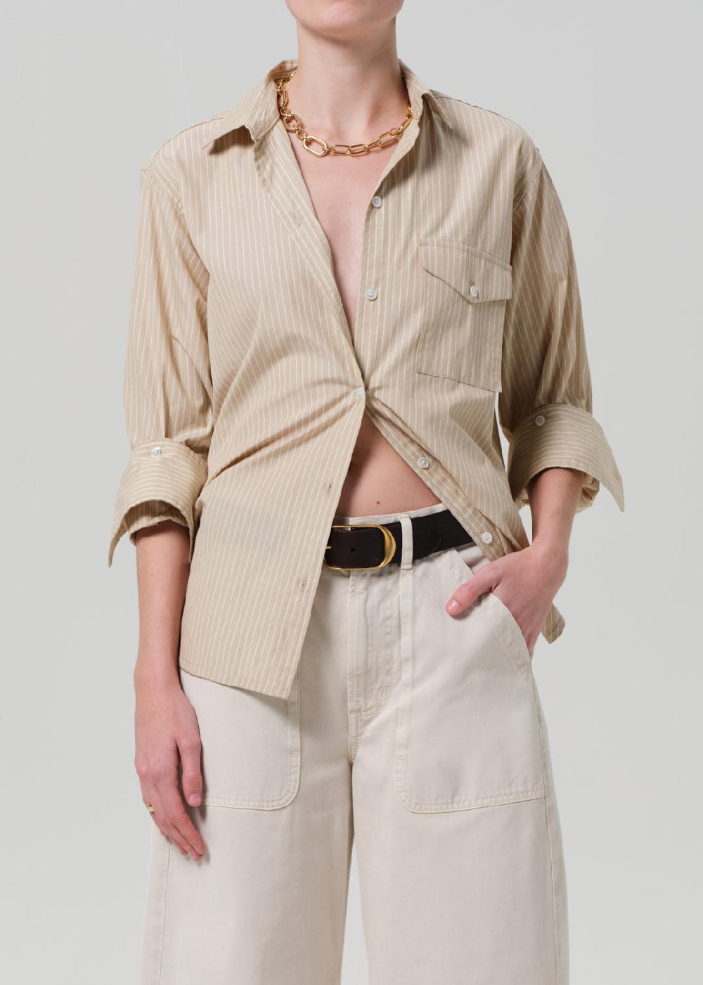 gold sign Shay Shirt In Khaki Stripe
