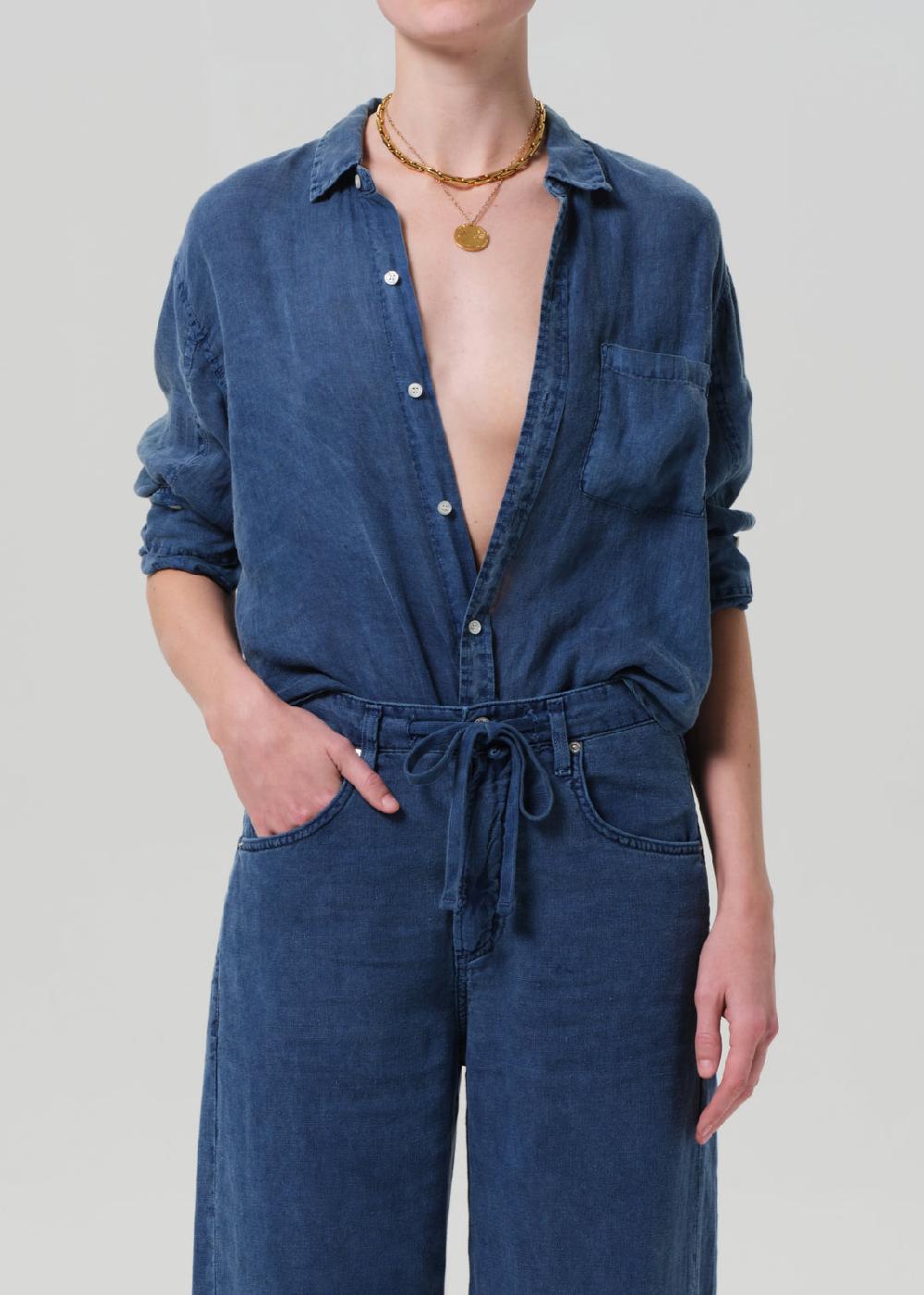 gold sign Kayla Shrunken Shirt Linen In Dark Indigo Stone