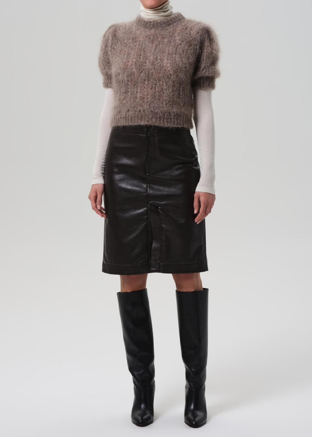 gold sign Nara Pencil Skirt Recycled Leather In Chocolate Dark Brown