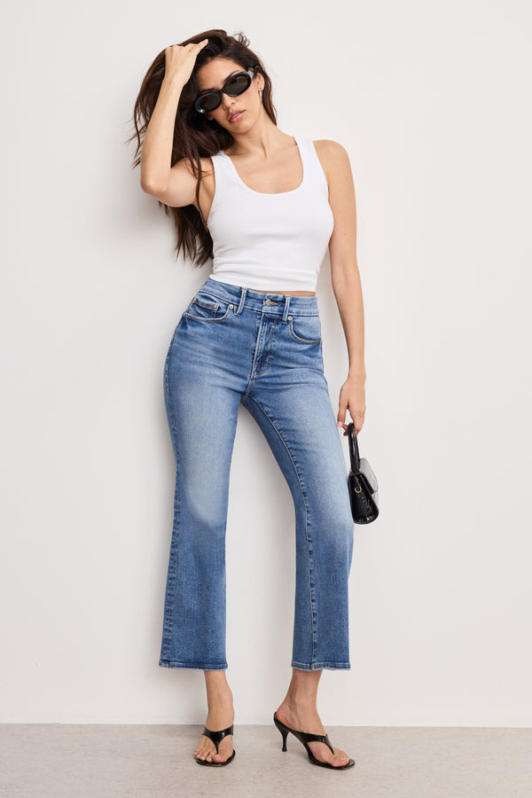 good american ALWAYS FITS GOOD LEGS CROPPED MINI BOOT JEANS