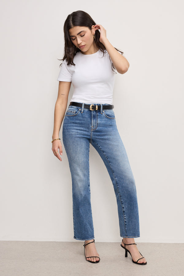 good american ALWAYS FITS GOOD PETITE STRAIGHT JEANS