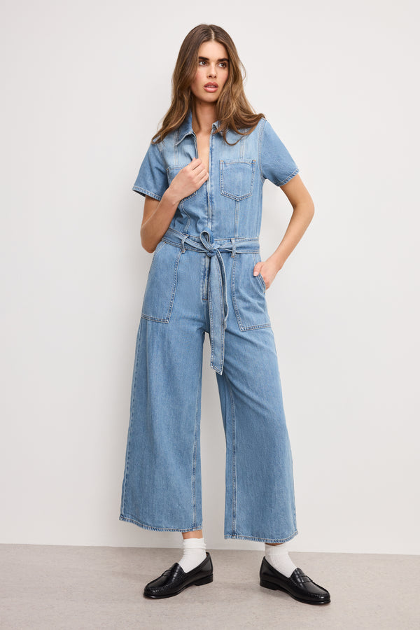good american FIT FOR SUCCESS LITE LINEN DENIM CROPPED JUMPSUIT