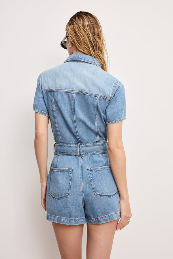 Good American FIT FOR SUCCESS LITE LINEN DENIM SHORTS JUMPSUIT