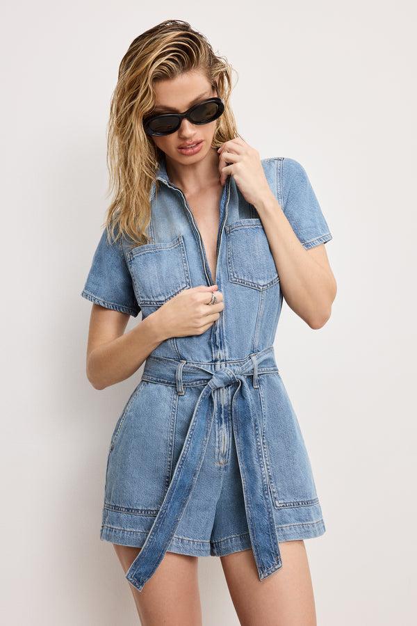 good american FIT FOR SUCCESS LITE LINEN DENIM SHORTS JUMPSUIT