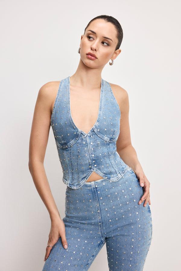 good american DOLLY CRYSTAL DENIM VEST