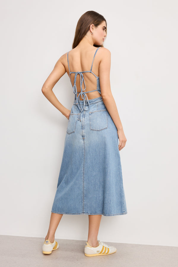 Good American LITE LINEN DENIM MIDI DRESS