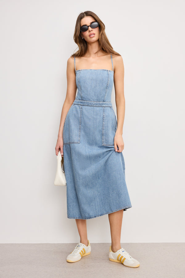 good american LITE LINEN DENIM MIDI DRESS