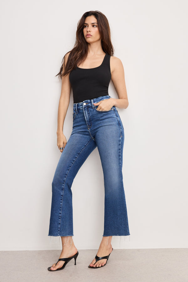 good american SOFT TECH GOOD LEGS CROPPED MINI BOOT JEANS