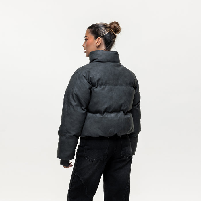 Good For Nothing Vintage Black Leather Puffer Coat