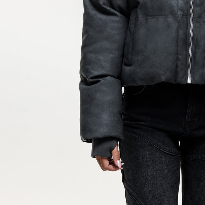 Good For Nothing Vintage Black Leather Puffer Coat