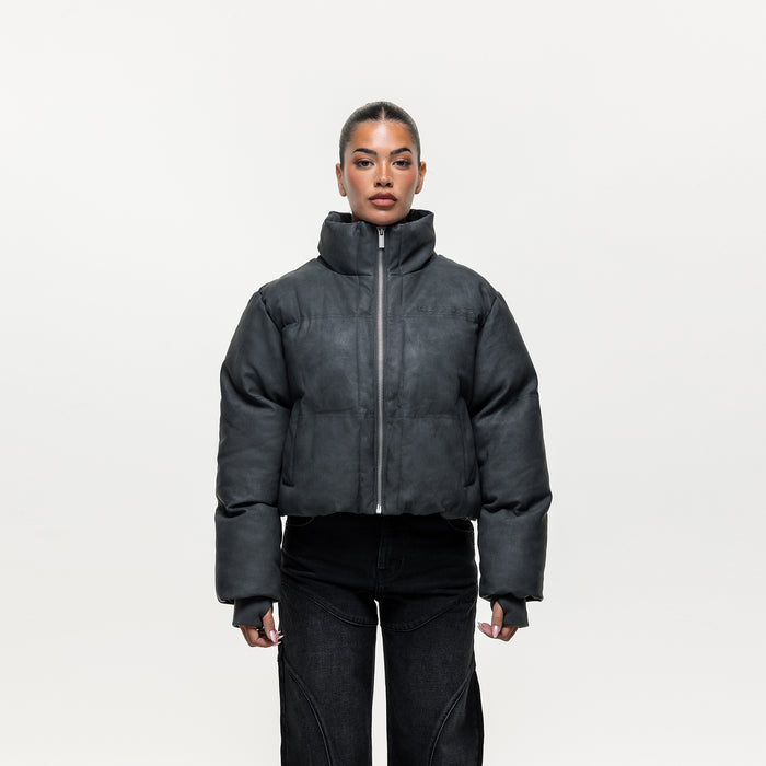 good for nothing Vintage Black Leather Puffer Coat