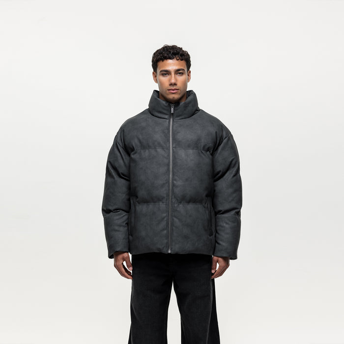 good for nothing Vintage Black Leather Puffer Coat