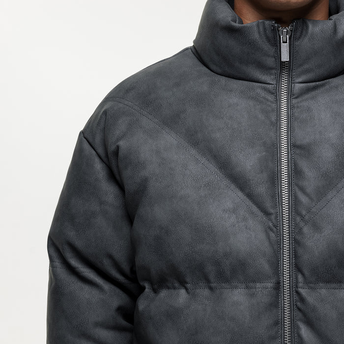 Good For Nothing Vintage Grey Leather Puffer Coat