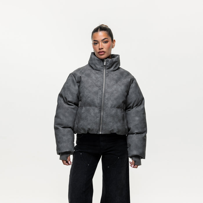 Good For Nothing Vintage Grey Leather Puffer Coat