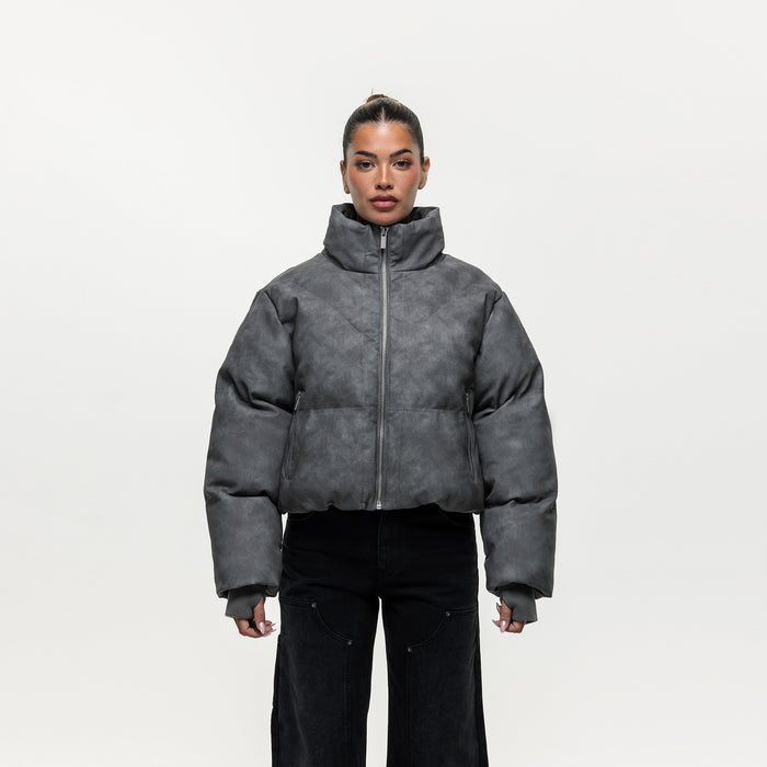 good for nothing Vintage Grey Leather Puffer Coat