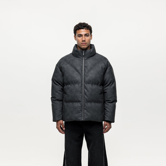 good for nothing Vintage Grey Leather Puffer Coat