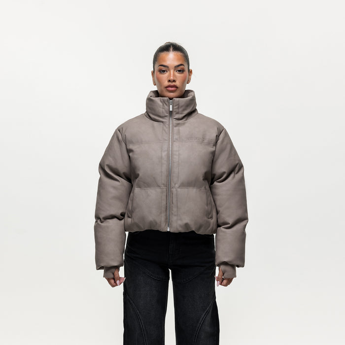 good for nothing Vintage Taupe Leather Puffer Coat