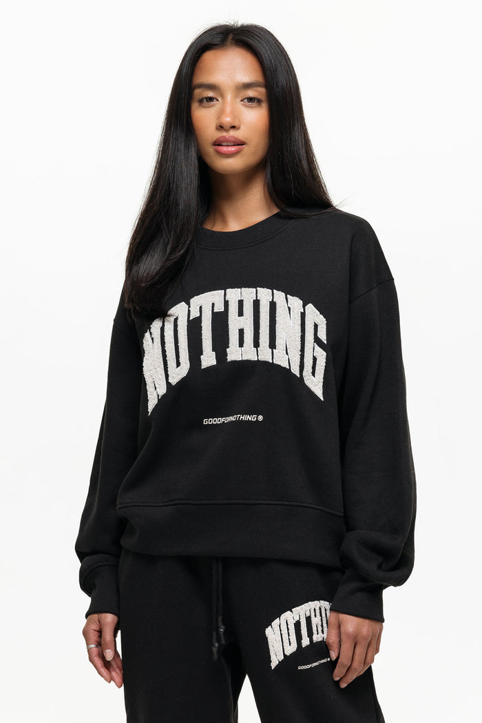 good for nothing Oversized Varsity Boucle Black Sweatshirt