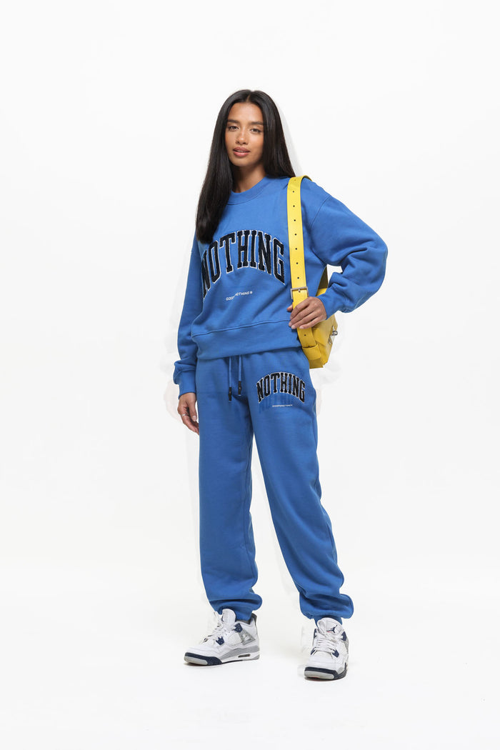 Good For Nothing Oversized Varsity Boucle Blue Sweatshirt (Final Sale)