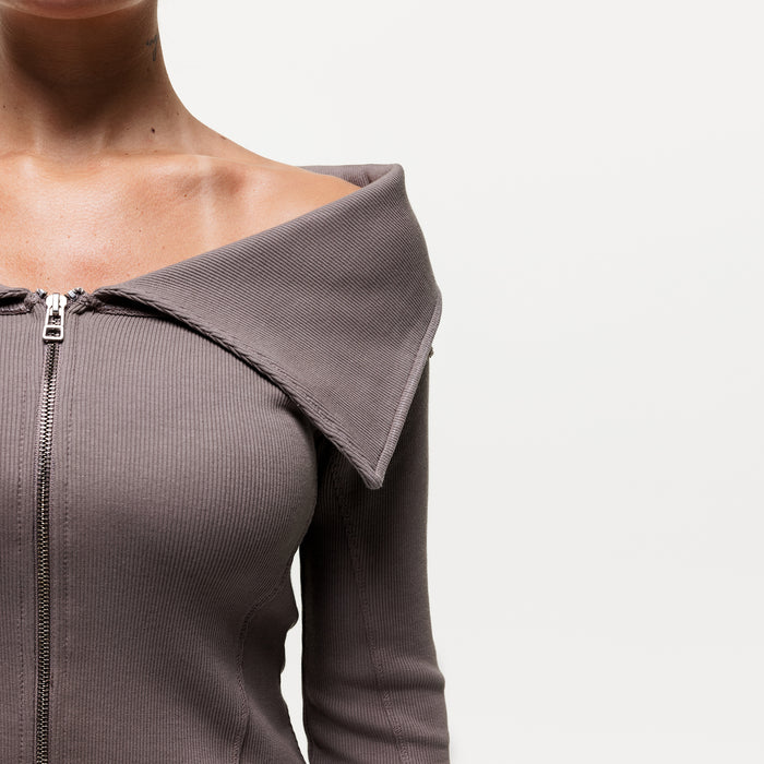 Good For Nothing Ridge Taupe Off The Shoulder Long Sleeve (Final Sale)