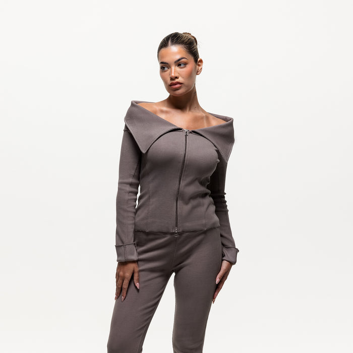 Good For Nothing Ridge Taupe Off The Shoulder Long Sleeve (Final Sale)