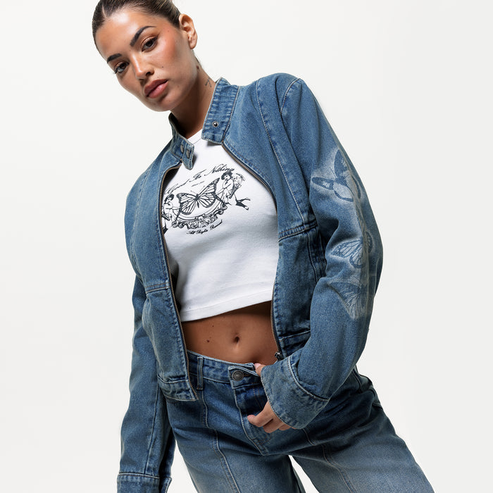 Good For Nothing Spray Butterfly Biker Denim Jacket (Final Sale)