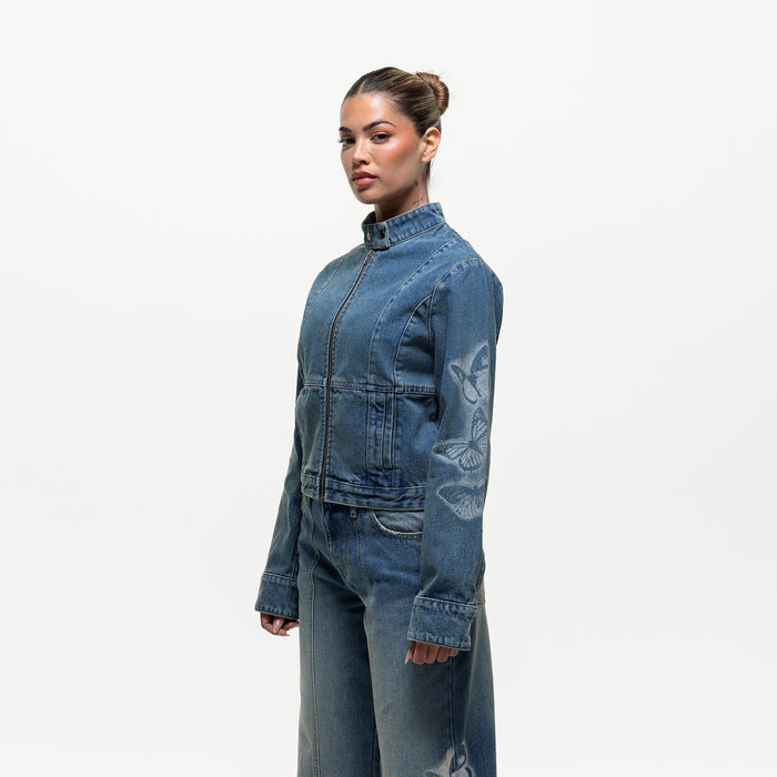 Good For Nothing Spray Butterfly Biker Denim Jacket (Final Sale)
