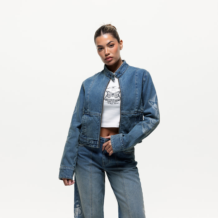 good for nothing Spray Butterfly Biker Denim Jacket (Final Sale)