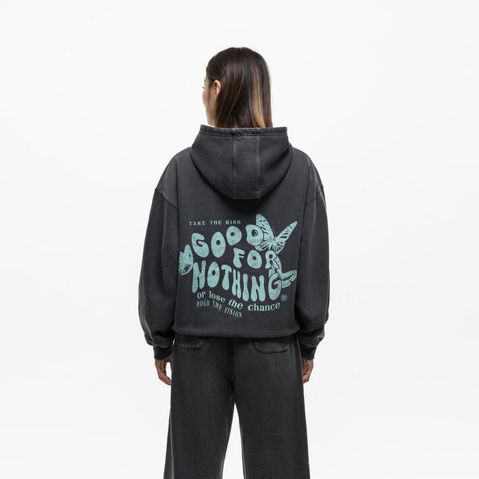 Good For Nothing Stamp Washed Black Hoodie (Final Sale)
