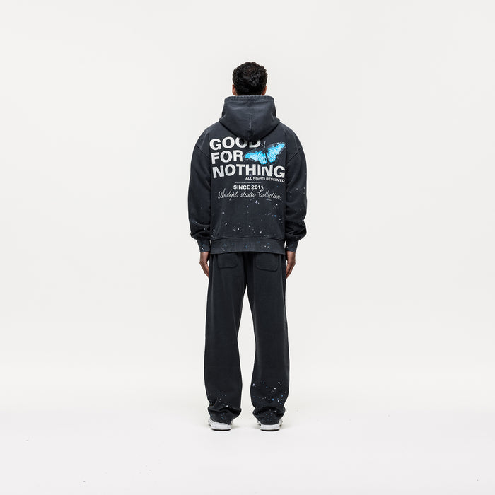 Good For Nothing Studio Butterfly Washed Black Zip Hoodie