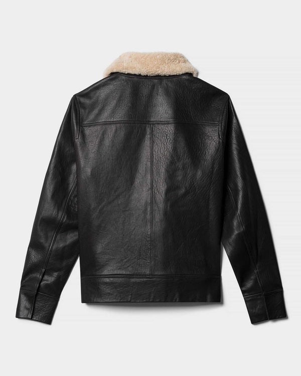 Good Man Brand Shearling Collar Trucker Jacket Responsible Leather Black
