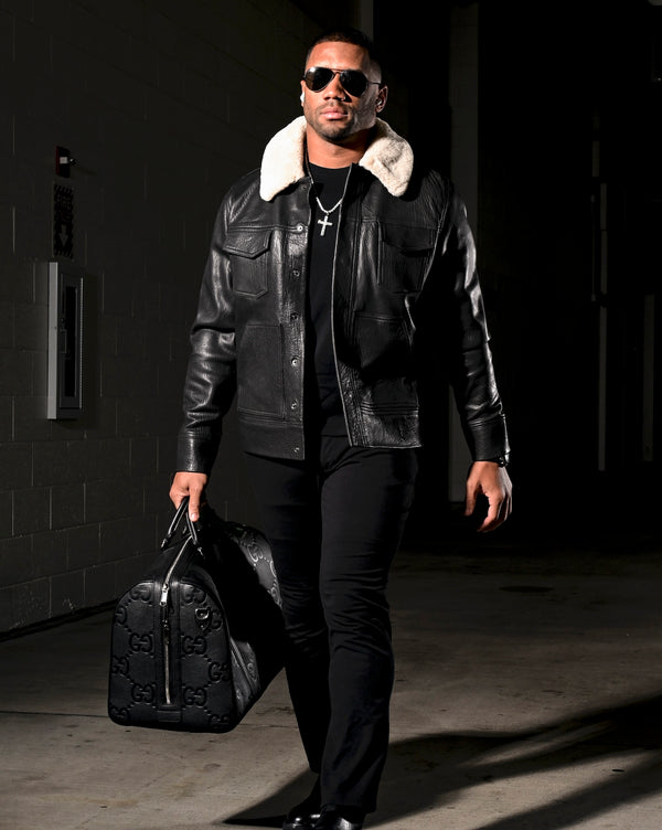 Good Man Brand Shearling Collar Trucker Jacket Responsible Leather Black