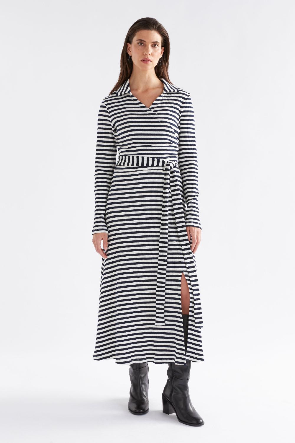 good thing Elk Kullan Ribbed Wrap Dress - White Ink Stripe